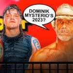 Shawn Michaels with a text bubble reading “Dominik Mysterio’s 2023?” next to Dominik Mysterio with the background half the WWE logo and half the NXT logo.