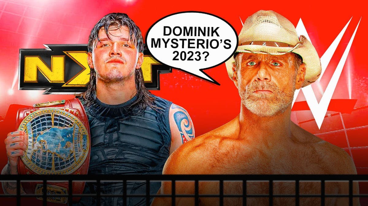 Shawn Michaels with a text bubble reading “Dominik Mysterio’s 2023?” next to Dominik Mysterio with the background half the WWE logo and half the NXT logo.