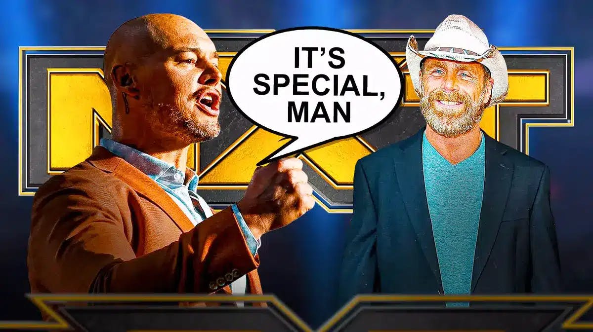 Baron Corbin with a text bubble reading “It’s special, man” next to 2023 Shawn Michaels with the NXT logo as the background.