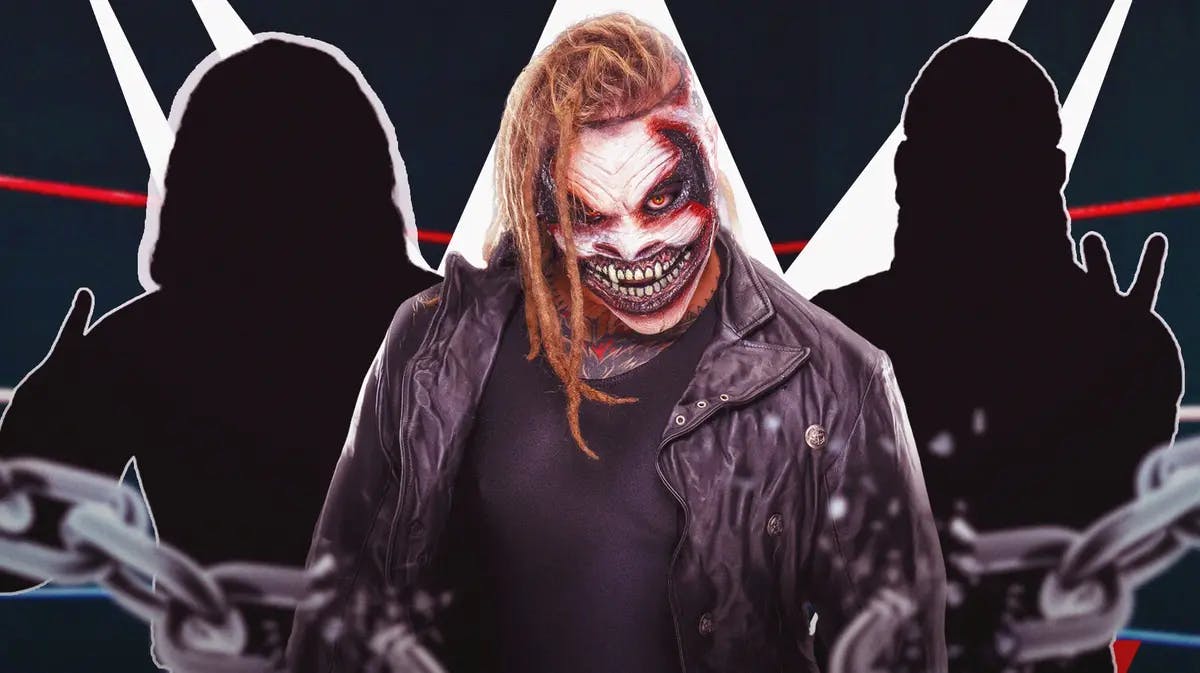 The Fiend Bray Wyatt with the blacked-out silhouette of Matt Hardy on his left and the blacked-out silhouette of Jeff Hardy on his right with the WWE logo as the background.
