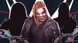 The Fiend Bray Wyatt with the blacked-out silhouette of Matt Hardy on his left and the blacked-out silhouette of Jeff Hardy on his right with the WWE logo as the background.