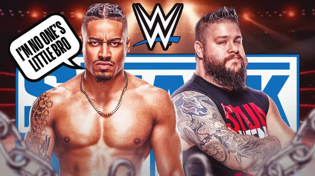 Carmelo Hayes with a text bubble reading “I’m no one’s little bro” next to Kevin Owens with the SmackDown logo as the background.