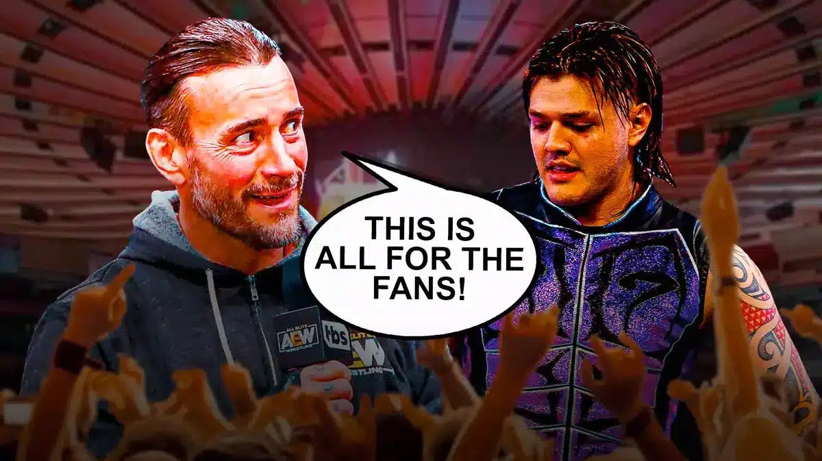 CM Punk holding a microphone with a text bubble reading “This is all for the fans!” next to Dominik Mysterio with Madison Square Garden and the WWE logo as the background.
