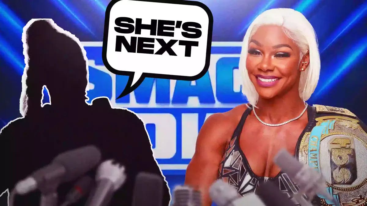Jade Cargill next to the blacked-out silhouette of Bianca Belair with a text bubble reading “She’s next” with the SmackDown logo as the background.