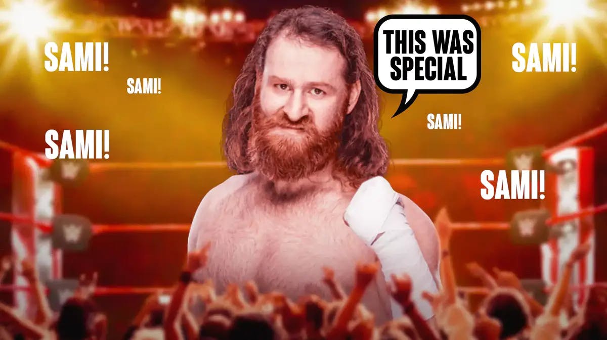 Sami Zayn with a text bubble reading “This was special” in a WWE ring with multiple text bubbles from the crowd saying “Sami!”