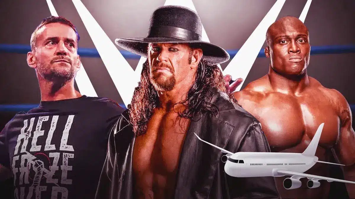 Undertaker with CM Punk on his left and Bobby Lashley on his right with an airplane with the WWE logo on it as the background.