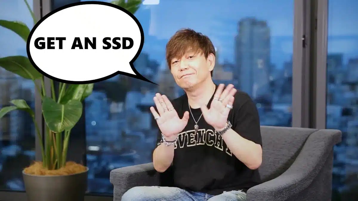 ff16 pc ssd, ff16 ssd, ff16 pc, ff16, ff16 pc system requirement, a picture of Naoki Yoshida with a speach bubble that says Get an SSD