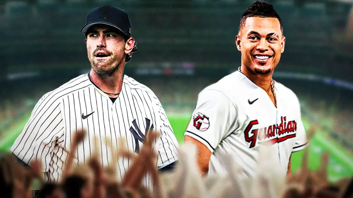 Shane Bieber in a Yankees uniform on left, Giancarlo Stanton in a Cleveland Guardians uniform on right.