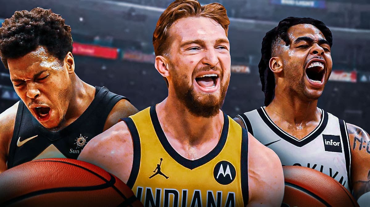 Kyle Lowry playing for the Toronto Raptors, Domantas Sabonis playing for the Indiana Pacers and D'Angelo Russell playing for the Brooklyn Nets.