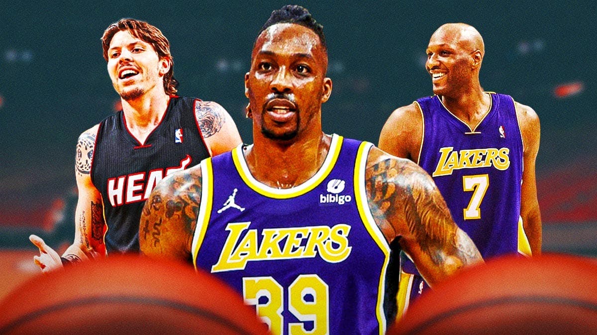 Mike Miller playing for the Miami Heat and Dwight Howard and Lamar Odom playing for the Los Angeles Lakers.