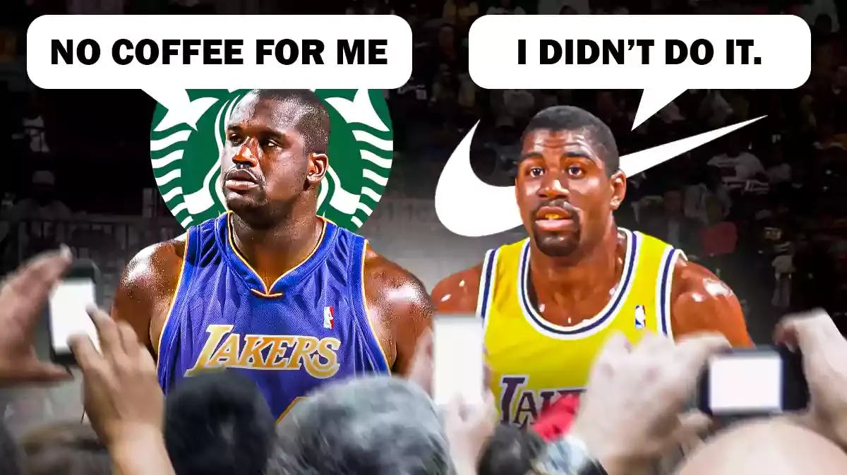 Shaquille O'Neal saying, "No coffee for me," and Magic Johnson saying, "I didn't do it."