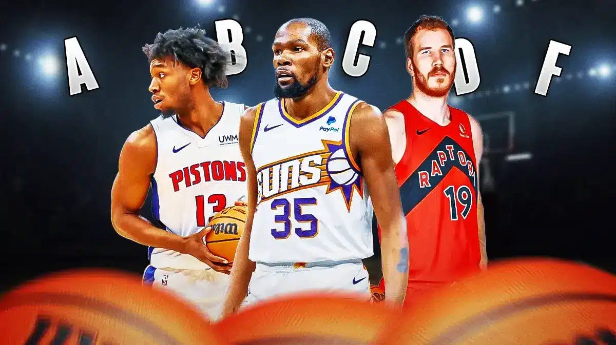 Kevin Durant (Suns), James Wiseman (Pistons), Jakob Poeltl (Raptors) all together with the letters A, B, C, D, F all around the graphic