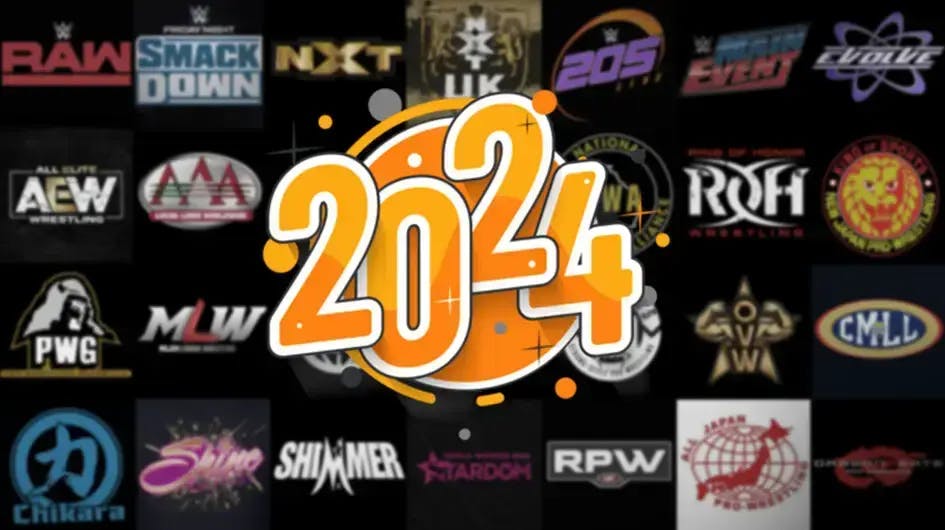 The year 2024 with a collage of various wrestling promotion in the background