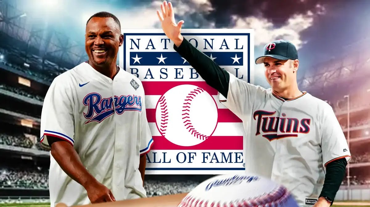 Background: MLB Hall of Fame logo. Need Rangers' Adrian Beltre, Twins' Joe Mauer in front.