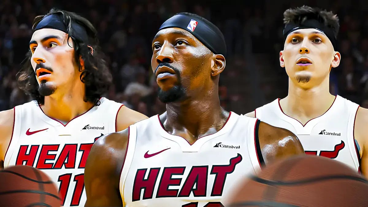 Miami Heat stars Bam Adebayo, Jaime Jaquez Jr., and Tyler Herro in front of the Kaseya Center.