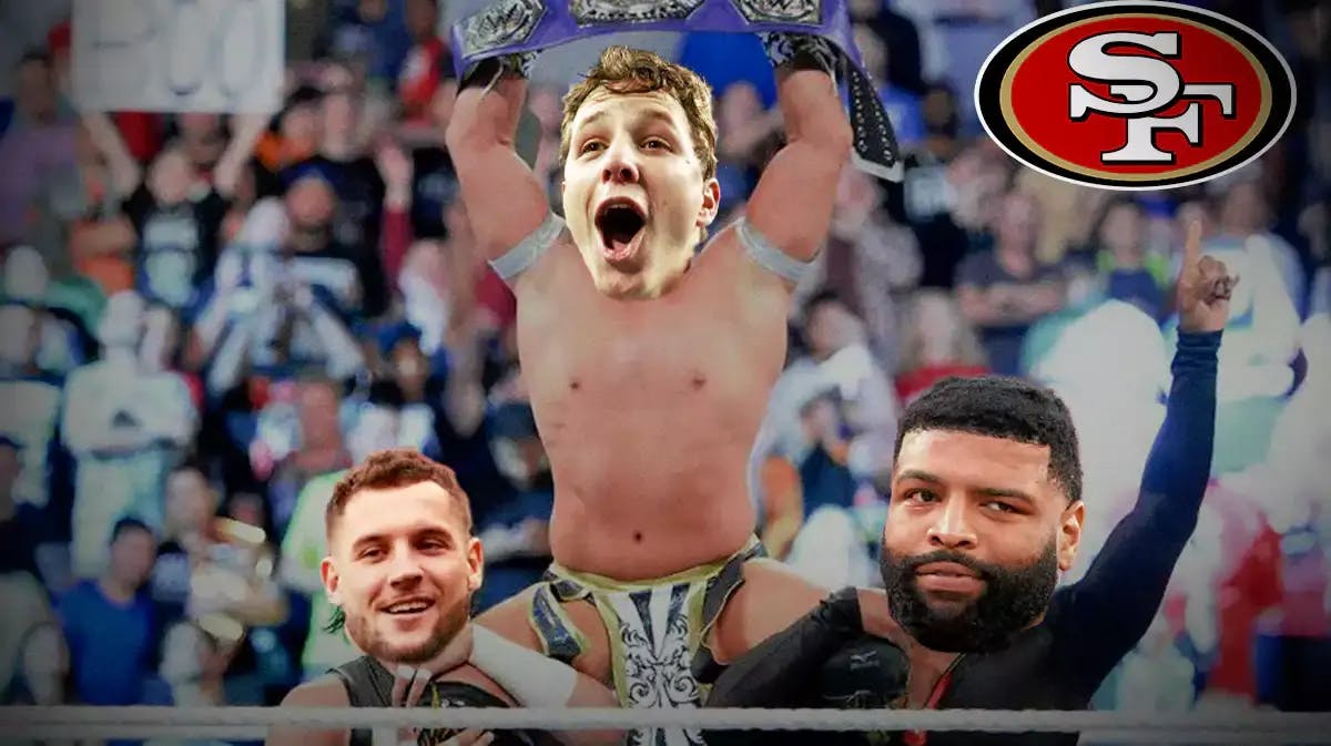 Nick Bosa (as the guy on left), Brock Purdy (as the guy being lifted), and Trent Williams (as the guy on the right), then add 49ers logo on the belt