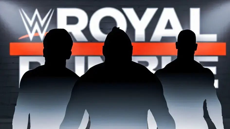 The blacked out silhouettes of Kazuchika Okada, Brock Lesnar, and John Cena in front of the 2024 Royal Rumble.