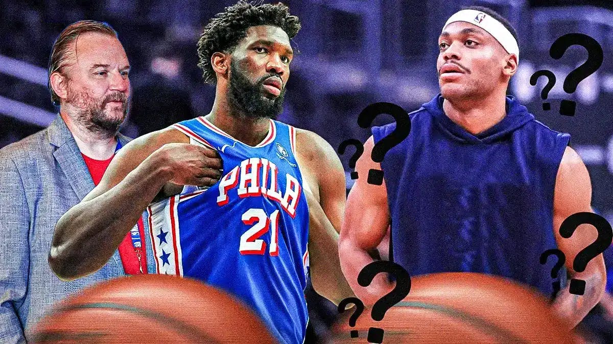 76ers' Daryl Morey and Joel Embiid next to Bruce Brown, surrounded by question marks