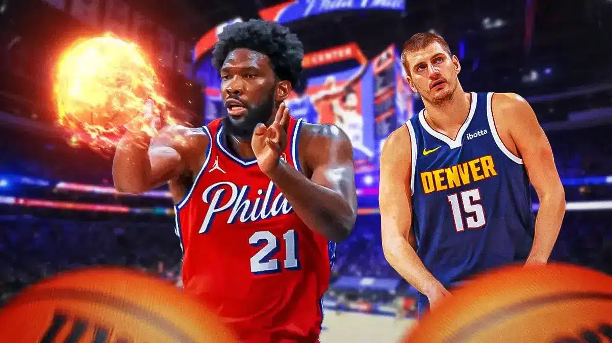 76ers' Joel Embiid throwing a ball that is on fire, next to Nikola Jokic
