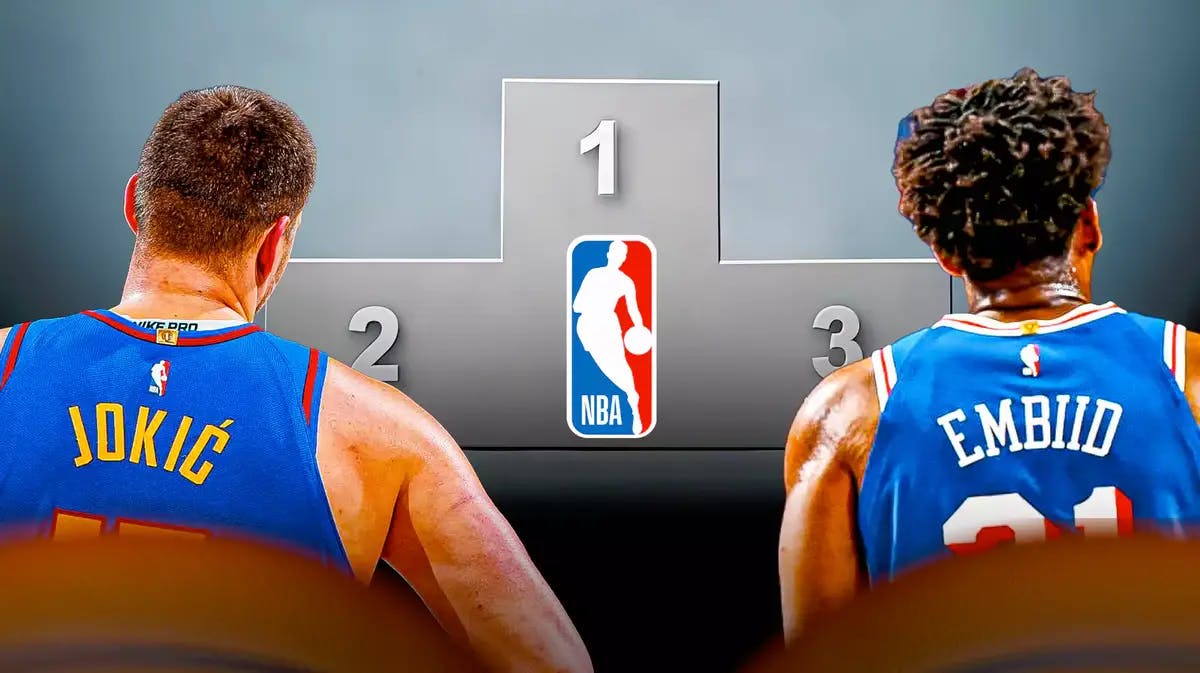 Nuggets' Nikola Jokic and 76ers' Joel Embiid looking at the NBA player podium