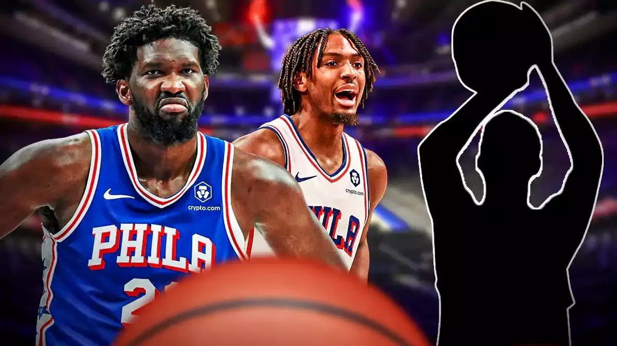 76ers' Joel Embiid and Tyrese Maxey next to a silhouette of a player shooting the ball