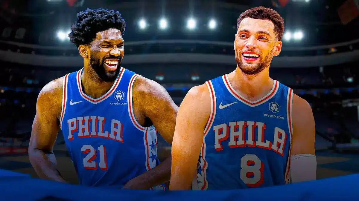 Sixers' Joel Embiid with Zach LaVine, photoshopped to be wearing Sixers jersey