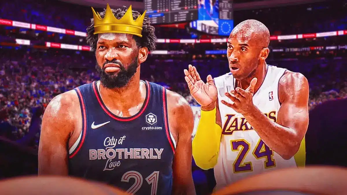 76ers Joel Embiid with Lakers Kobe Bryant after win over Spurs