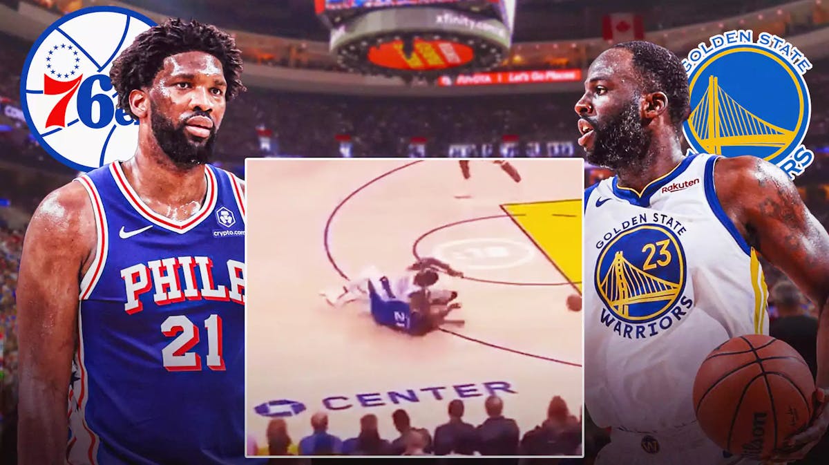 Joel Embiid and Draymond Green with the Sixers and Warriors logos in the background, also include a screenshot of the collision from the link