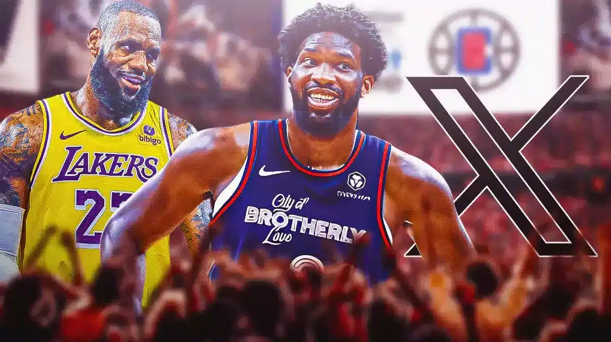 76ers star Joel Embiid smiling, with LeBron James behind him