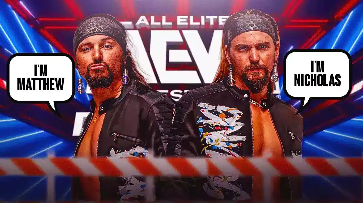 Nick Jackson with a text bubble reading “I’m Nicholas” next to Matt Jackson with a text bubble reading “I’m Matthew” with the AEW Dynamite logo as the background.