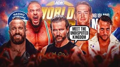 Adam Cole with a text bubble reading “Meet the Undisputed Kingdom” with Matt Taven, Rocker Strong, Mike Bennett, and Wardlow behind him and the AEW Worlds End logo as the background.