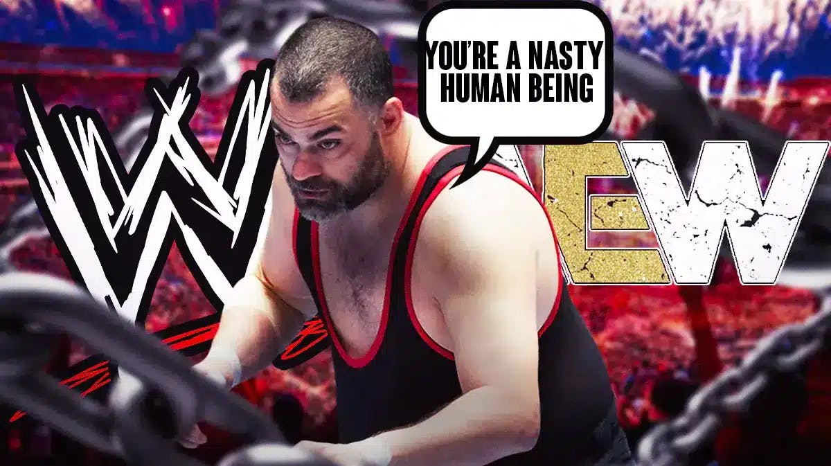 Eddie Kingston with a text bubble reading “You’re a nasty human being” with the WWE logo behind him on the left and the AEW logo behind him on the right.