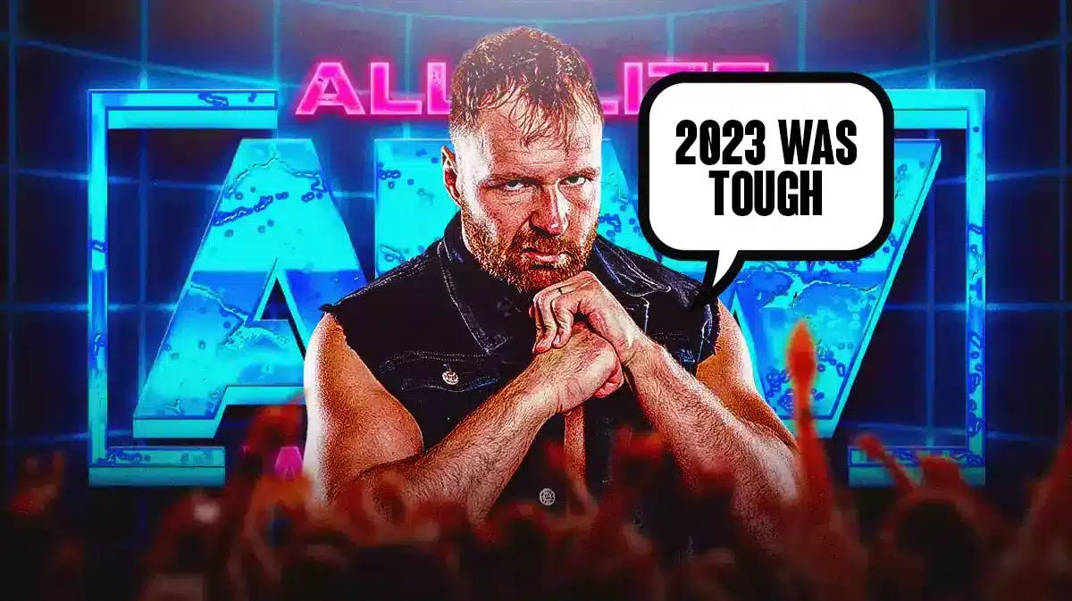 Jon Moxley with a text bubble reading “2023 was tough” with the AEW logo as the background.