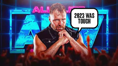 Jon Moxley with a text bubble reading “2023 was tough” with the AEW logo as the background.
