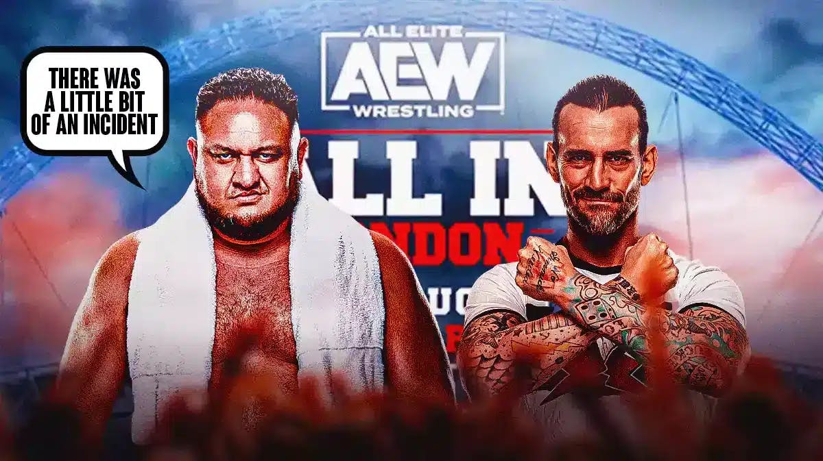 Samoa Joe with a text bubble reading “There was a little bit of an incident” next to CM Punk with the AEW All In 2023 logo as the background.