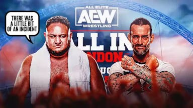 Samoa Joe with a text bubble reading “There was a little bit of an incident” next to CM Punk with the AEW All In 2023 logo as the background.