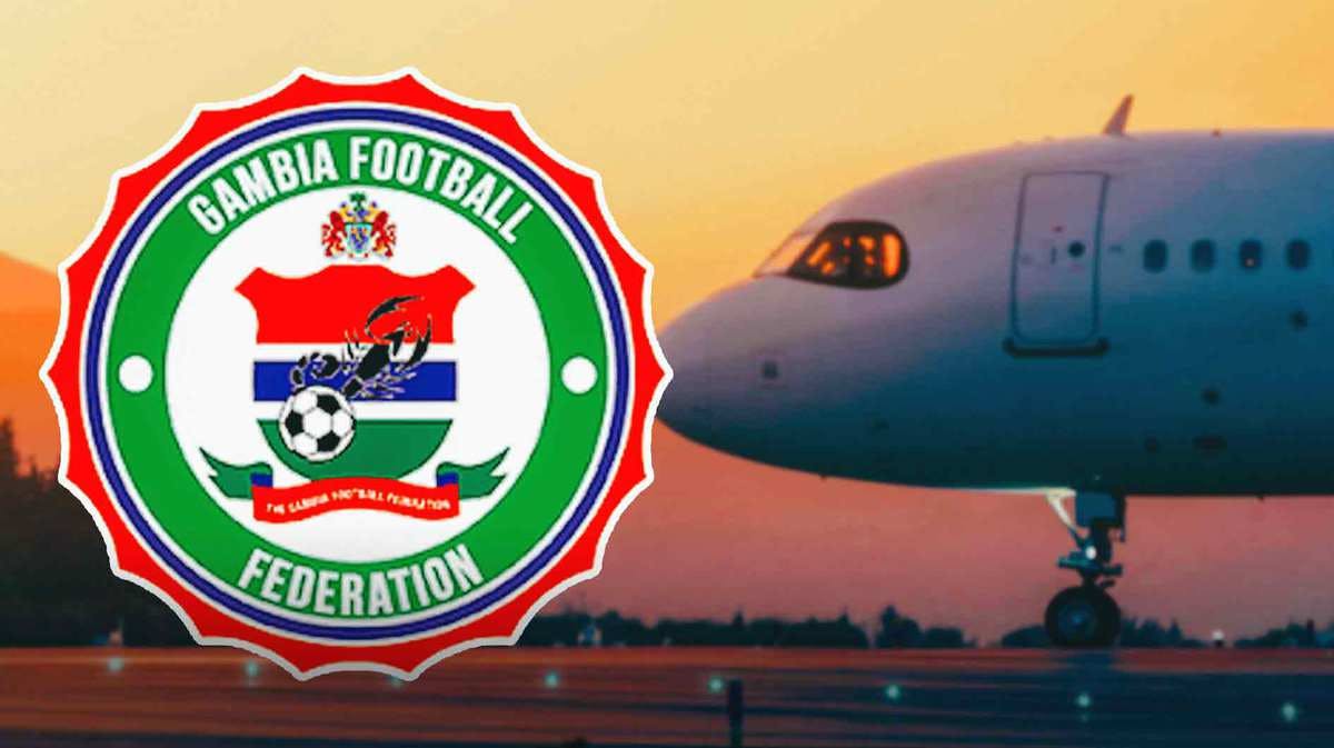 The Gambia Football Squad logo in front of an airplane