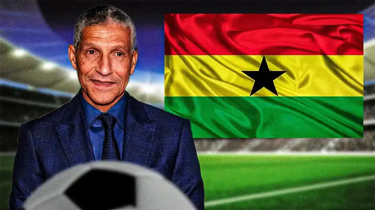 Chris Hughton in front of the Ghana flag and a football stadium