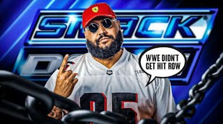 Top Dolla with a text bubble reading “WWE didn’t get Hit Row” with the SmackDown logo as the background.