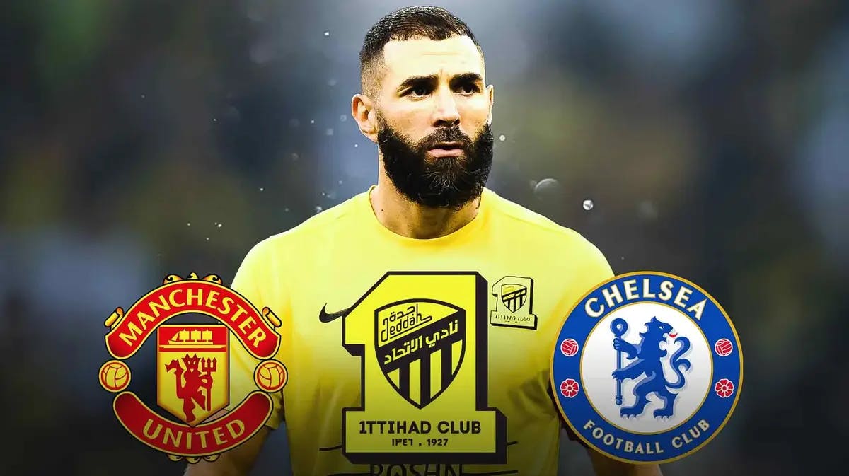 Karim Benzema in front of the Al-Ittihad, Manchester United, Chelsea logos
