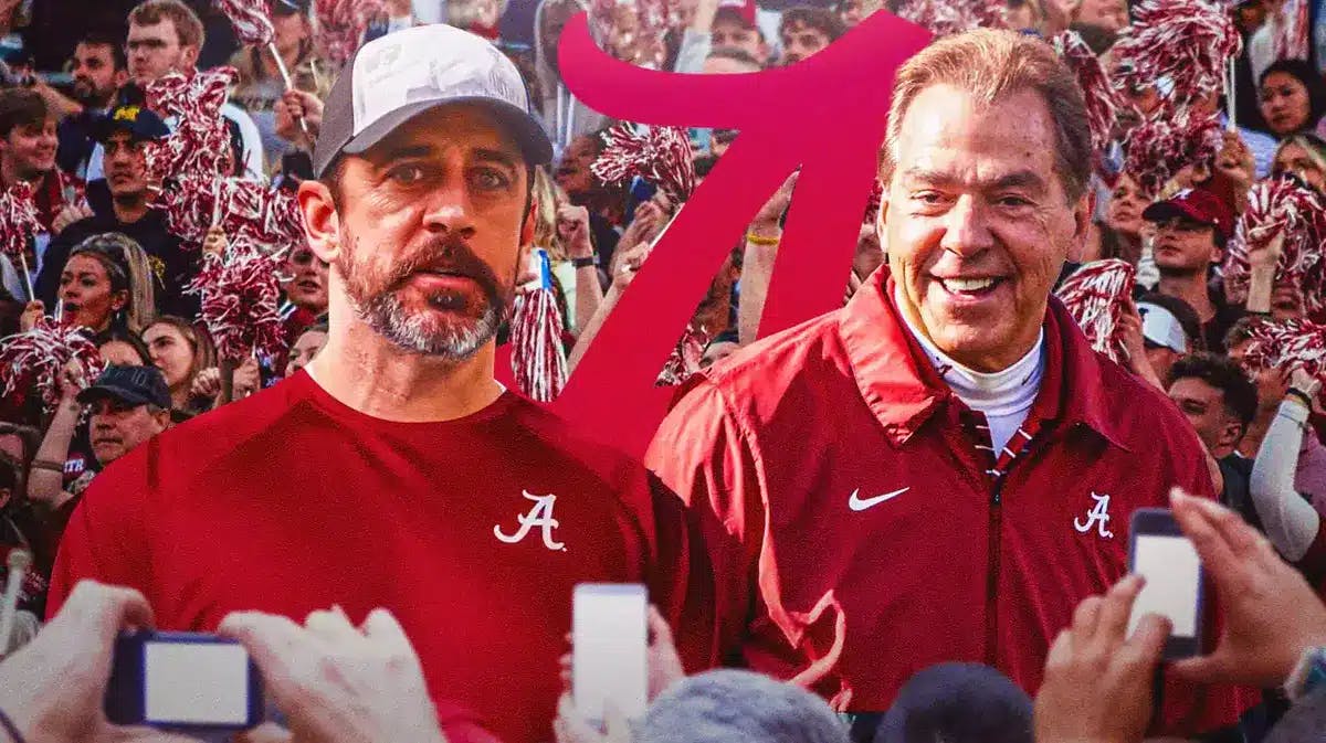 Photo: Aaron Rodgers and Nick Saban in Alabama gear in photo, Alabama logo and crowd in the back