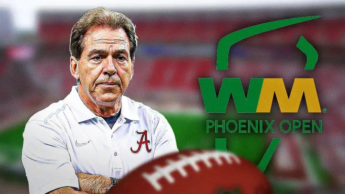 Nick Saban stands in front of Alabama football stadium after retirement, WM Phoenix Open golf sits in the background logo