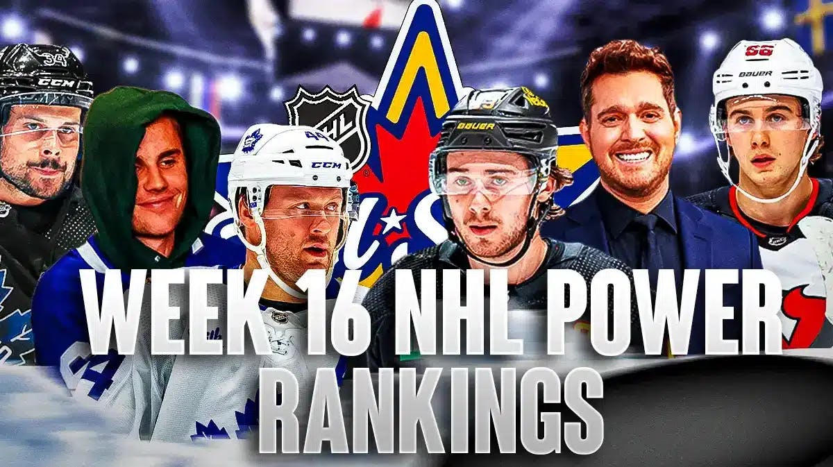 Auston Matthews, Justin Bieber (in Toronto Maple Leafs jersey) and Morgan Rielly on one side of image Jack Hughes, Michael Buble (in Vancouver Canucks jersey) and Quinn Hughes on other side of image, 2024 NHL All-Star Game logo in middle of image, hockey rink in background Week 16 NHL Power Rankings