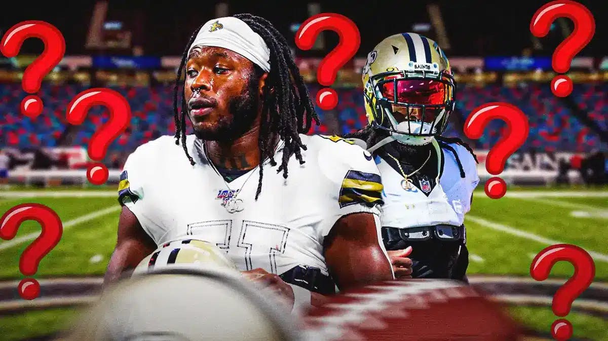 New Orleans Saints running back Alvin Kamara surrounded by question marks