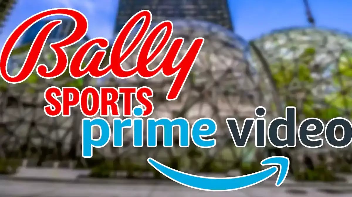 Bally Sports company logo and Amazon Prime Video logo alongside each other, with an Amazon corporate building in the background
