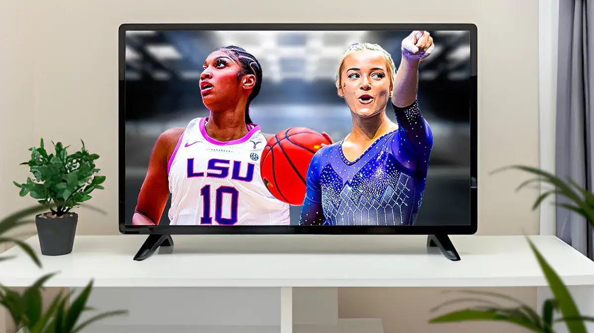 LSU women’s basketball player Angel Reese, LSU gymnast Olivia Dunne, inside a television screen
