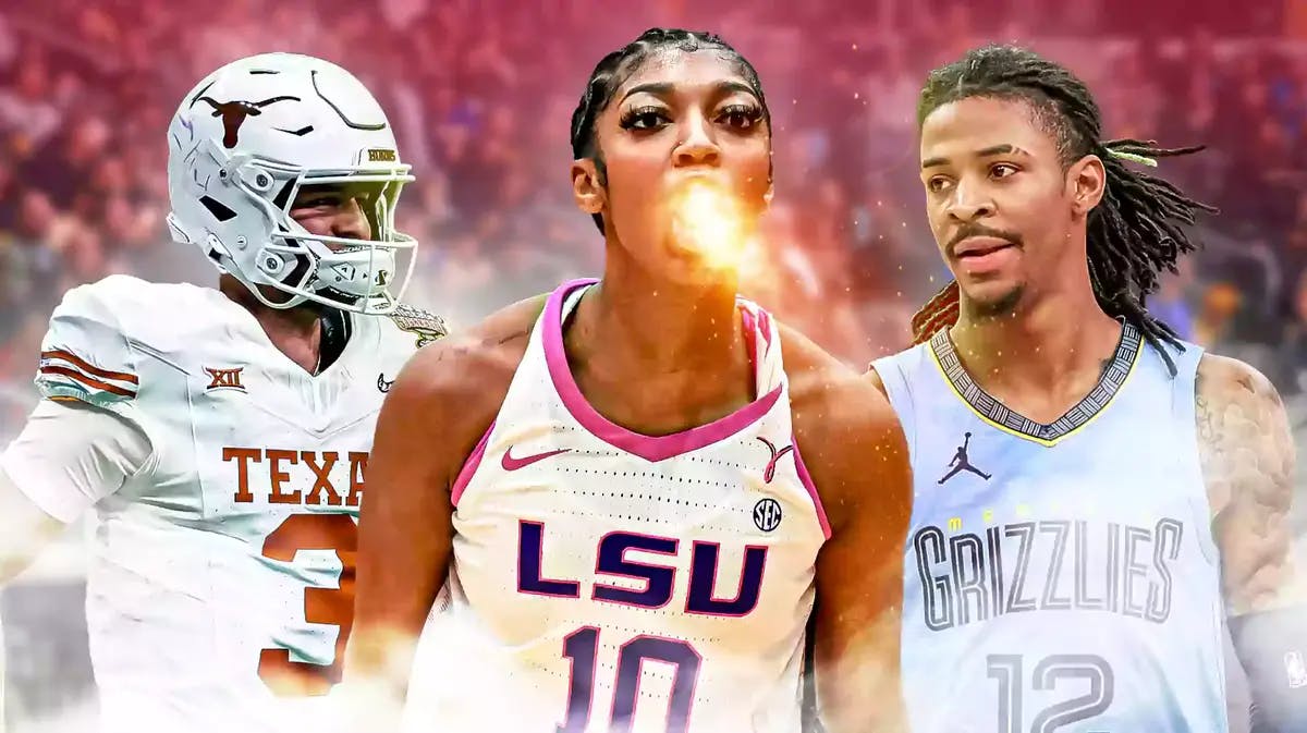 LSU women’s basketball player Angel Reese, in her uniform, with flames coming out of her mouth. Beside her are Memphis Grizzlies player Ja Morant and Texas Longhorns football player Quinn Ewers