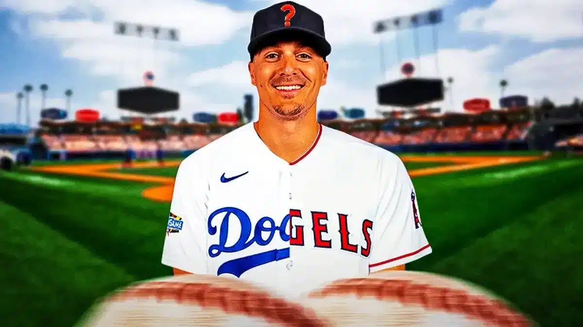 Kike Hernandez wearing half a Dodgers uniform and half an Angels uniform