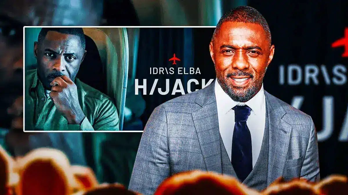 Idris Elba with a Hijack movie poster.