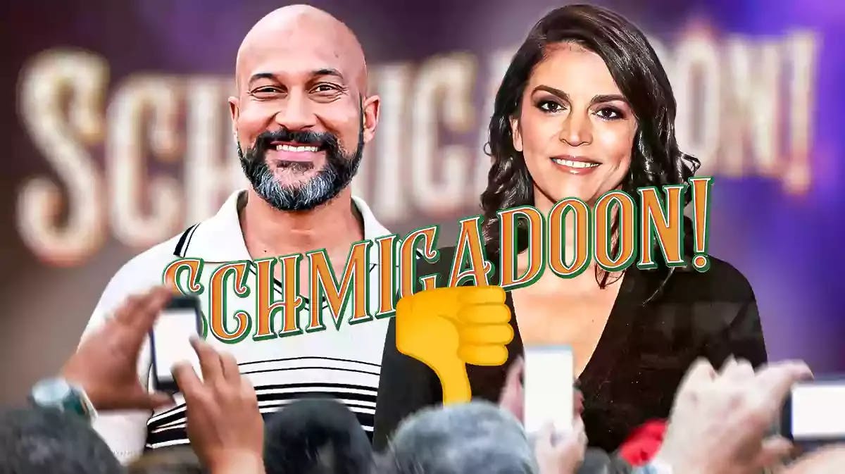 Keegan-Michael Key and Cecily Strong with the Scmigadoon show logo in between and thumbs down image.